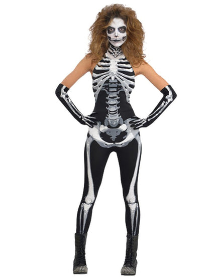 Full-length front view of the black and white Bone A Fied Babe skeleton jumpsuit on a model against a clean studio background.