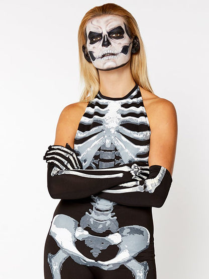 Full-length front view of the black and white Bone A Fied Babe skeleton jumpsuit on a model against a clean studio background.