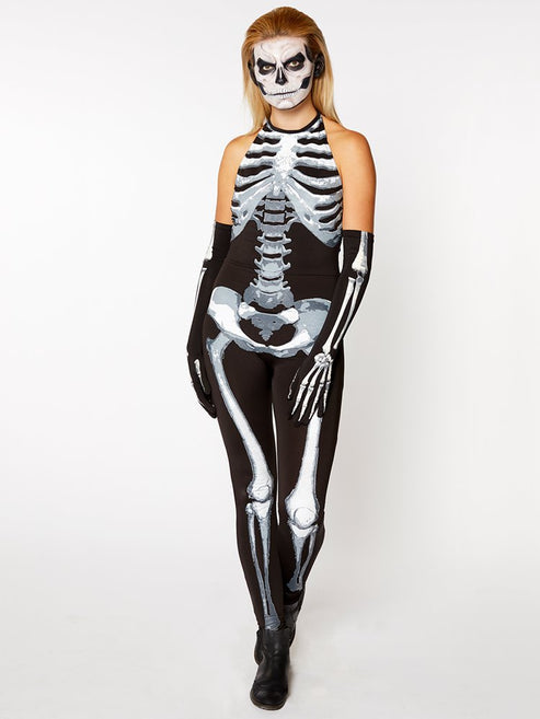 Full-length front view of the black and white Bone A Fied Babe skeleton jumpsuit on a model against a clean studio background.