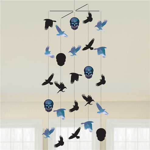 Front view of the Boneshine Fever Hanging Decoration showing detailed antique-white skull and skeletal structure suspended by a dark cord against a neutral wall.