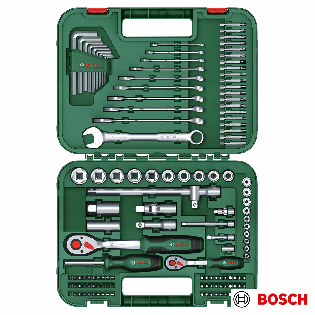 Open green Bosch hard carry case displaying a neatly organized 132 piece hand tool set with ratchets, metric sockets, and screwdriver bits on a workshop bench.