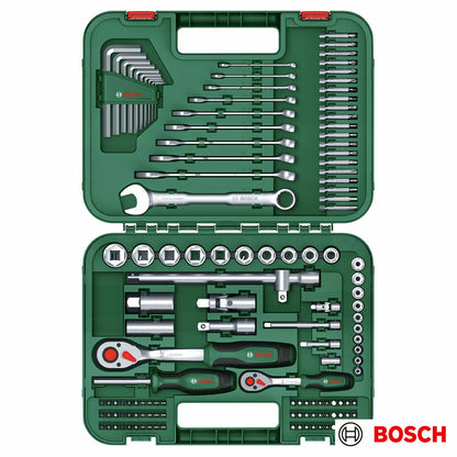 Open green Bosch hard carry case displaying a neatly organized 132 piece hand tool set with ratchets, metric sockets, and screwdriver bits on a workshop bench.