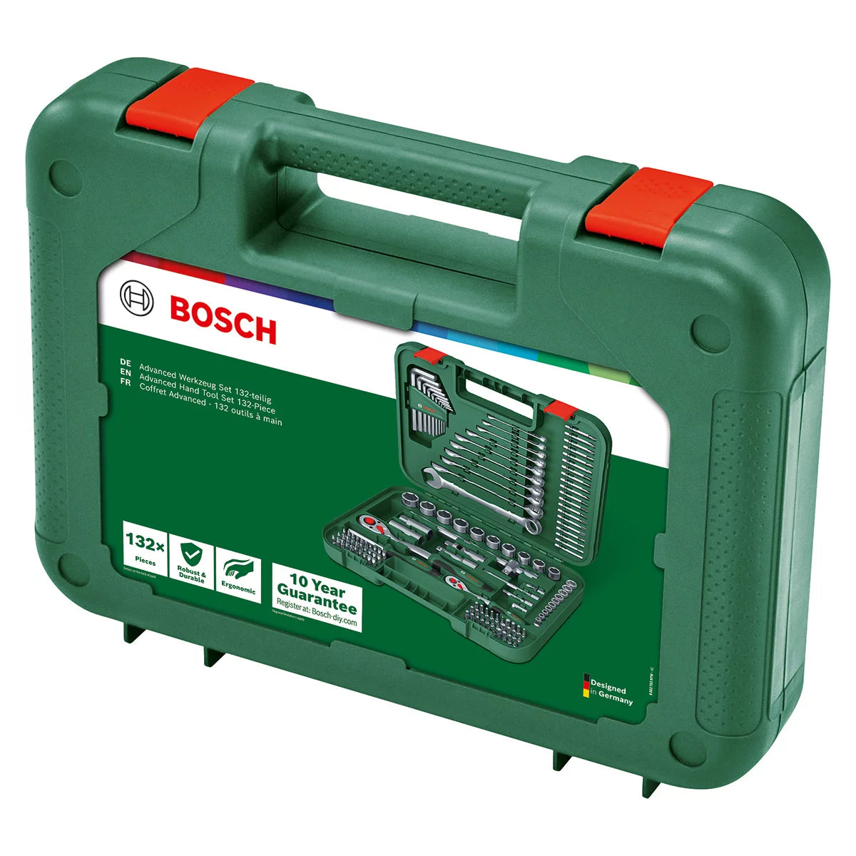 Open green Bosch hard carry case displaying a neatly organized 132 piece hand tool set with ratchets, metric sockets, and screwdriver bits on a workshop bench.