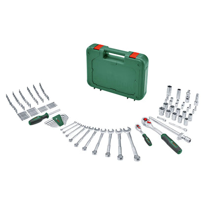 Open green Bosch hard carry case displaying a neatly organized 132 piece hand tool set with ratchets, metric sockets, and screwdriver bits on a workshop bench.