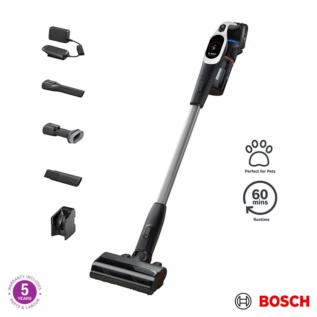 Front view of the sleek white Bosch BBS931WGB Unlimited 9 cordless vacuum cleaner standing upright on grey tile flooring with its blue MicroClean LED indicator glowing.