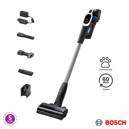 Front view of the sleek white Bosch BBS931WGB Unlimited 9 cordless vacuum cleaner standing upright on grey tile flooring with its blue MicroClean LED indicator glowing.