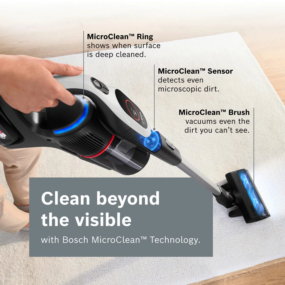 Front view of the sleek white Bosch BBS931WGB Unlimited 9 cordless vacuum cleaner standing upright on grey tile flooring with its blue MicroClean LED indicator glowing.