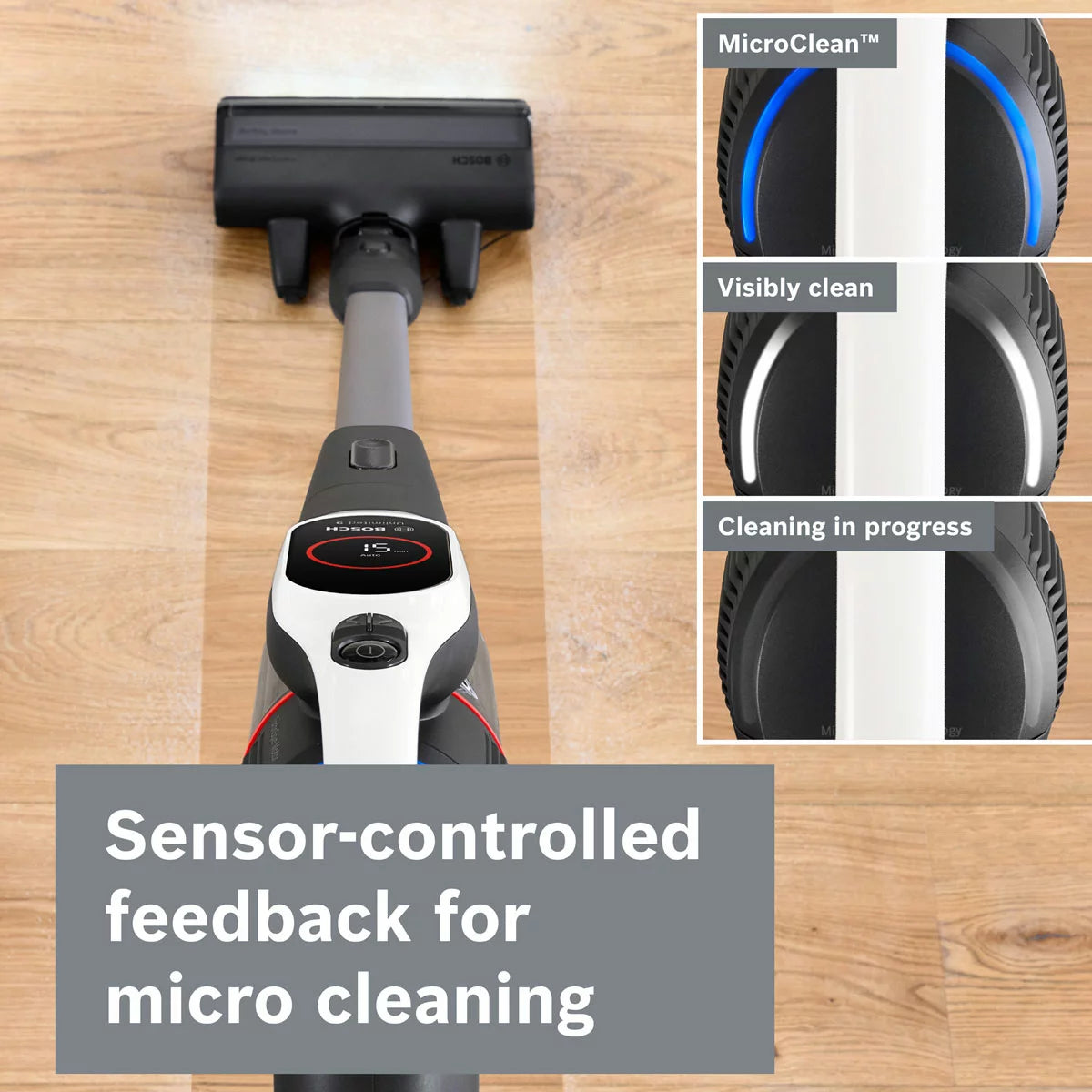Front view of the sleek white Bosch BBS931WGB Unlimited 9 cordless vacuum cleaner standing upright on grey tile flooring with its blue MicroClean LED indicator glowing.