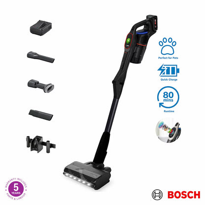 Profile view of the black Bosch BCS1051GB Unlimited 10 ProPower cordless vacuum cleaner with its blue MicroClean LED ring illuminated while cleaning a modern hardwood floor.