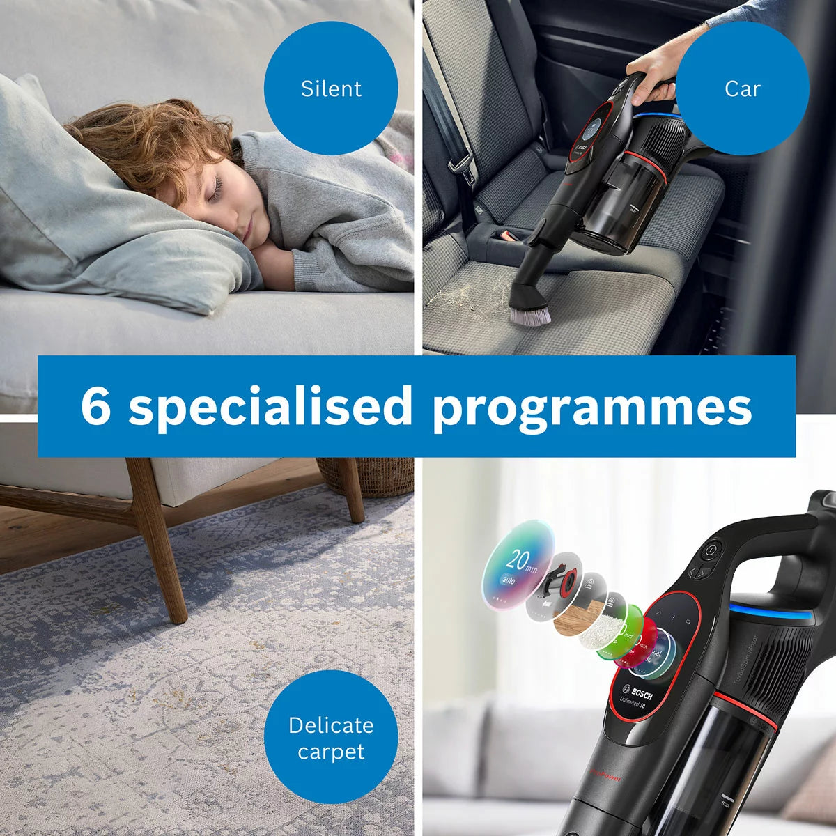 Profile view of the black Bosch BCS1051GB Unlimited 10 ProPower cordless vacuum cleaner with its blue MicroClean LED ring illuminated while cleaning a modern hardwood floor.