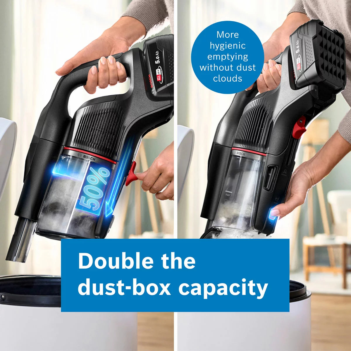 Profile view of the black Bosch BCS1051GB Unlimited 10 ProPower cordless vacuum cleaner with its blue MicroClean LED ring illuminated while cleaning a modern hardwood floor.