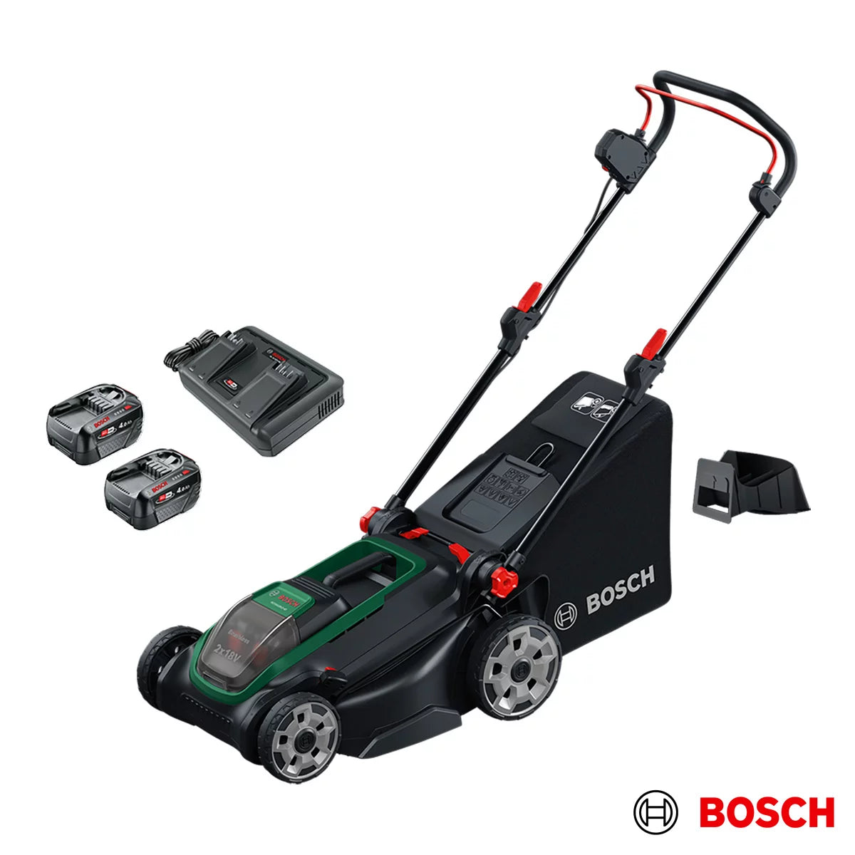 Bosch Rotak 36V cordless lawnmower with 43cm cutting width mowing a well-maintained residential garden