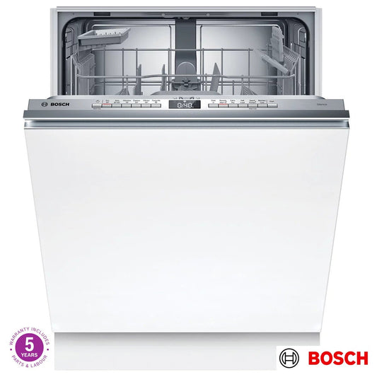 Front angle view of the fully integrated Bosch SMH4HTX11G Series 4 Dishwasher door open showing 13 place setting racks and height-adjustable top basket.