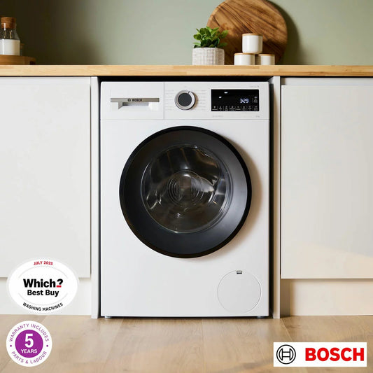 Front view of the white Bosch WGG24400GB Series 6 9kg washing machine showing the black door trim and LED display dial.
