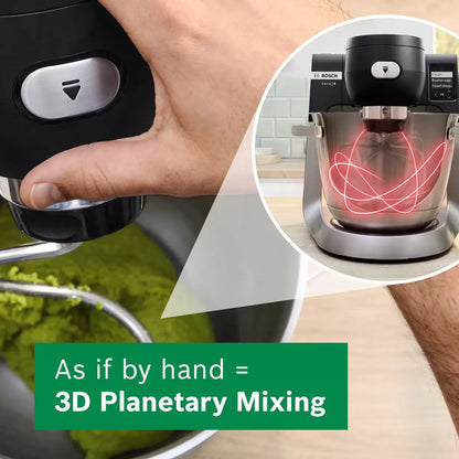 The Bosch Series 6 MUMS6ZM00G stand mixer in a professional setting, featuring the stainless steel mixing bowl, LED display, and the included professional whisk and hook attachments