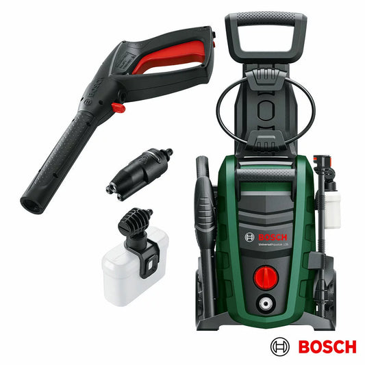 Green Bosch Universal Aquatak 135 bar pressure washer with hose and 3-in-1 nozzle on a paved driveway.