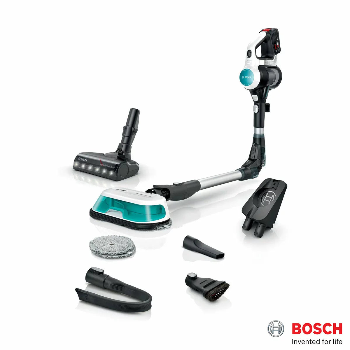 Front view of the white and turquoise Bosch Unlimited 7 Aqua cordless vacuum cleaner standing on light timber flooring with its dual spinning mop head and turquoise accents exposed.