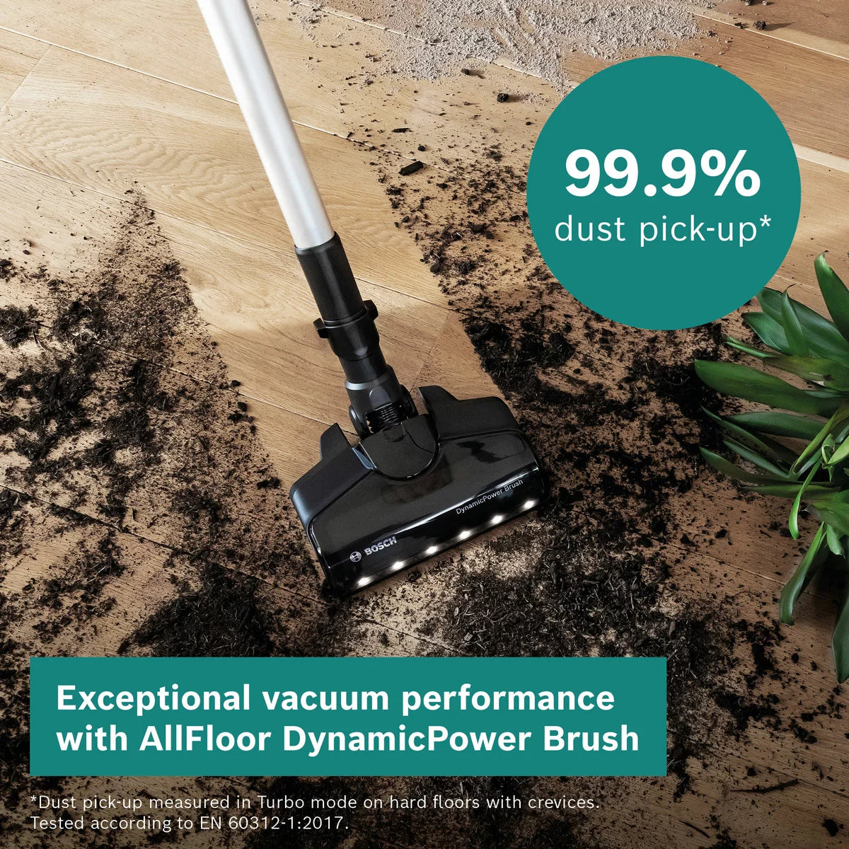 Front view of the white and turquoise Bosch Unlimited 7 Aqua cordless vacuum cleaner standing on light timber flooring with its dual spinning mop head and turquoise accents exposed.