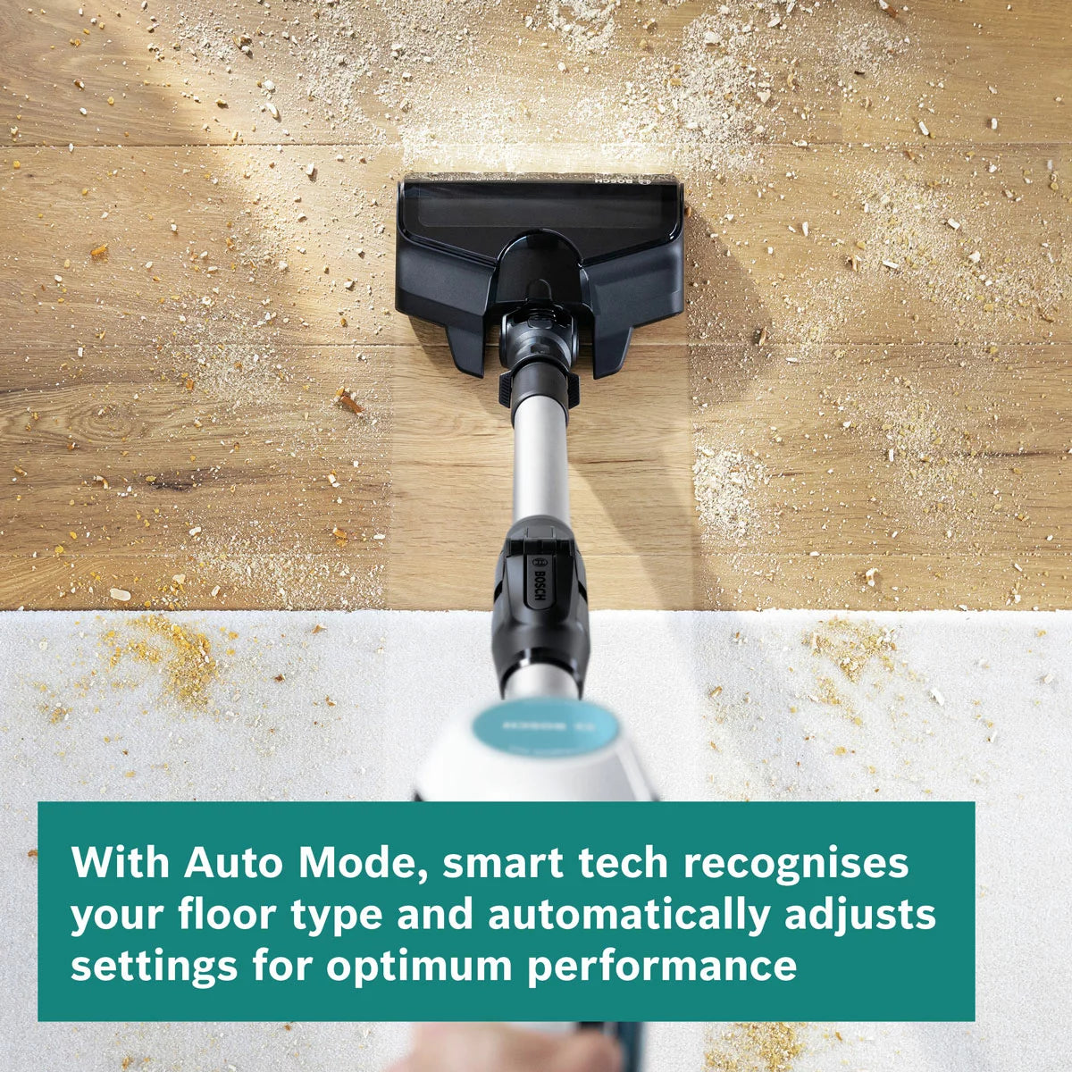 Front view of the white and turquoise Bosch Unlimited 7 Aqua cordless vacuum cleaner standing on light timber flooring with its dual spinning mop head and turquoise accents exposed.