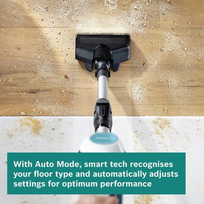 Front view of the white and turquoise Bosch Unlimited 7 Aqua cordless vacuum cleaner standing on light timber flooring with its dual spinning mop head and turquoise accents exposed.