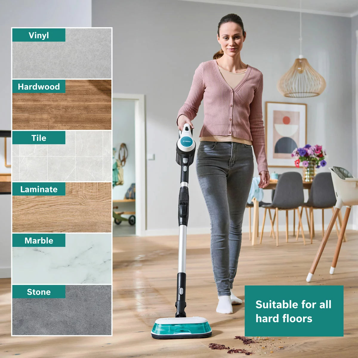 Front view of the white and turquoise Bosch Unlimited 7 Aqua cordless vacuum cleaner standing on light timber flooring with its dual spinning mop head and turquoise accents exposed.