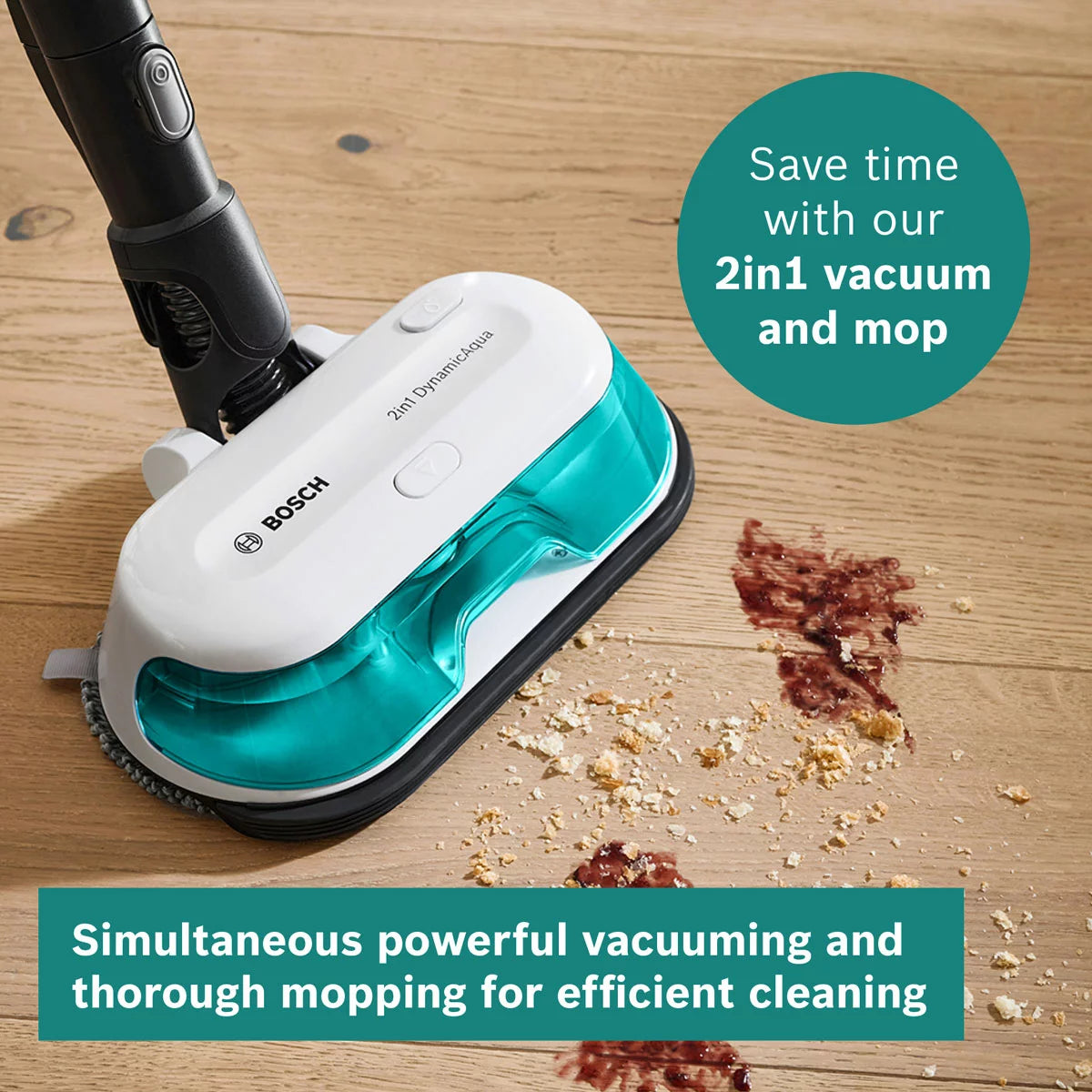 Front view of the white and turquoise Bosch Unlimited 7 Aqua cordless vacuum cleaner standing on light timber flooring with its dual spinning mop head and turquoise accents exposed.