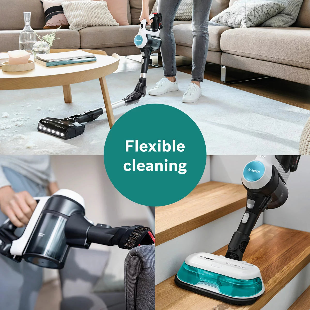 Front view of the white and turquoise Bosch Unlimited 7 Aqua cordless vacuum cleaner standing on light timber flooring with its dual spinning mop head and turquoise accents exposed.