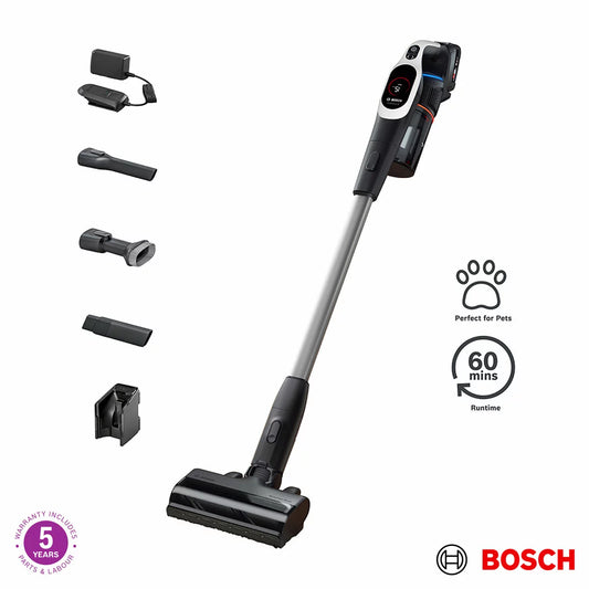 Bosch Unlimited 9 cordless vacuum cleaner in white, demonstrating powerful suction cleaning on carpet and hard floors in a modern home.