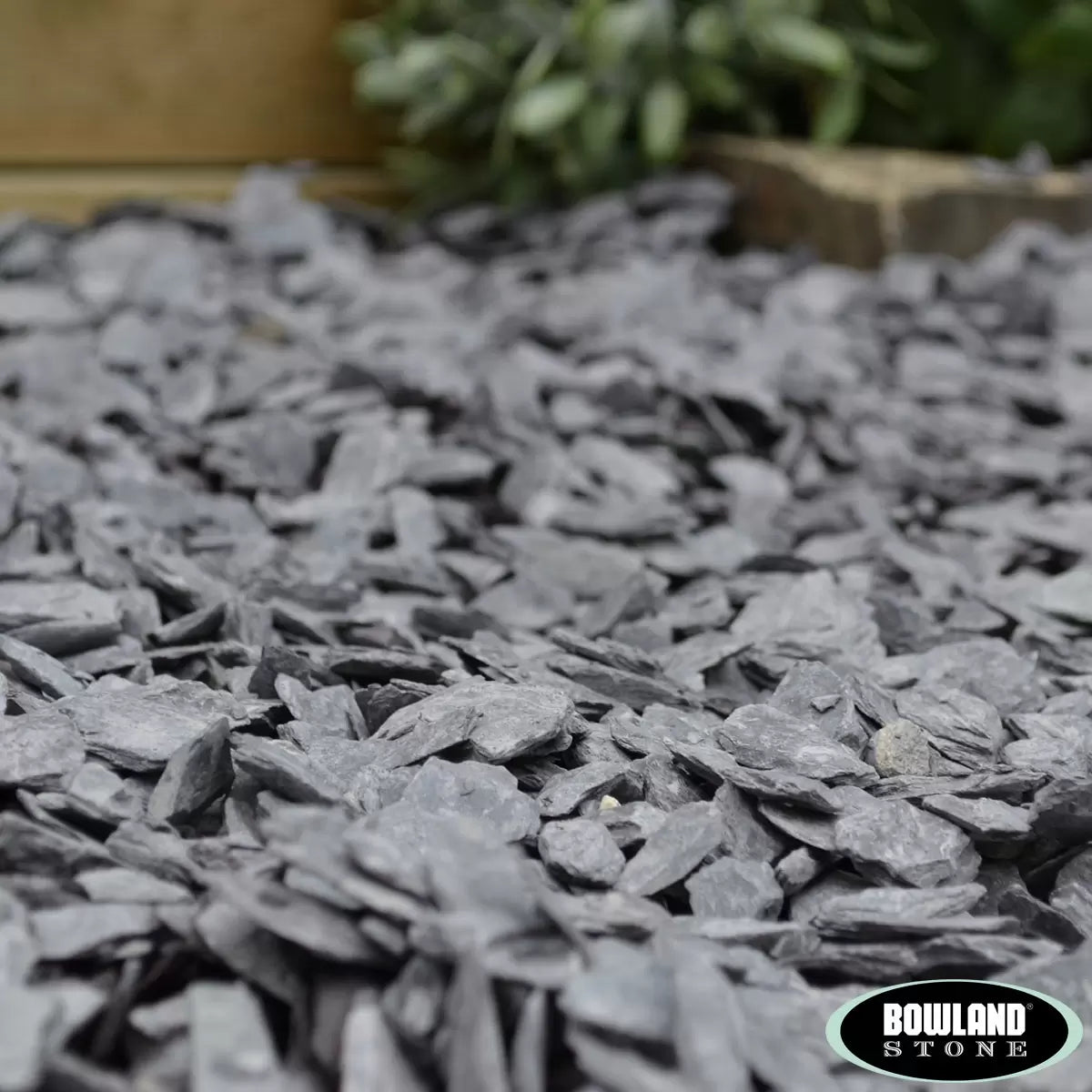 Bowland Stone 40mm Blue Slate displayed in a garden border, showcasing its natural texture and depth of colour.