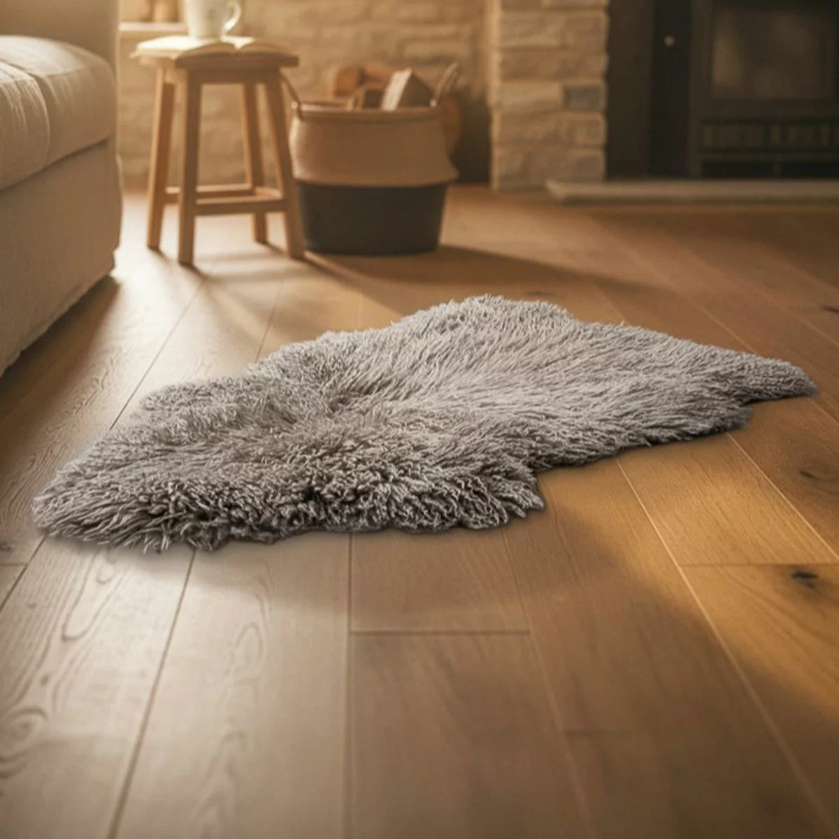 Natural beige Bowron Back Country sheepskin rug with plush curly wool texture draped neatly over a cozy wooden armchair.