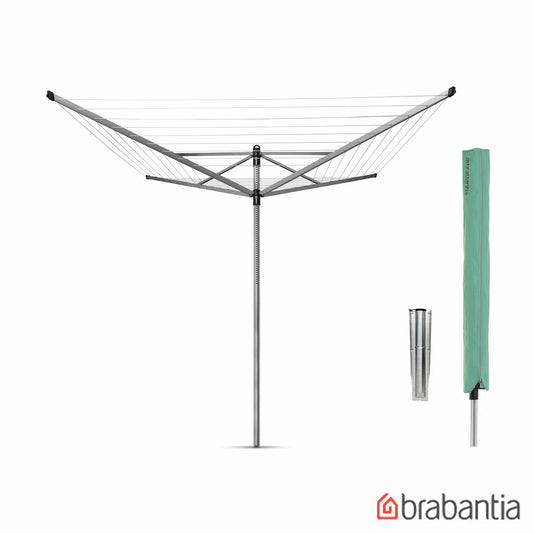 A Brabantia Lift-O-Matic 50m rotary airer standing in a well-maintained garden, featuring taut lines and a protective cover nearby on a clear, sunny day.