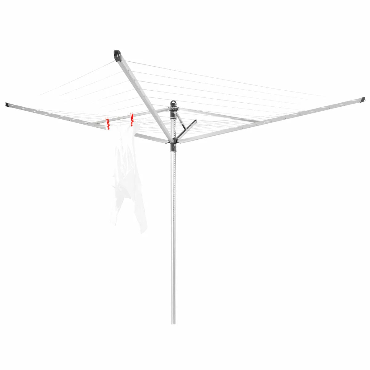 A Brabantia Lift-O-Matic 50m rotary airer standing in a well-maintained garden, featuring taut lines and a protective cover nearby on a clear, sunny day.
