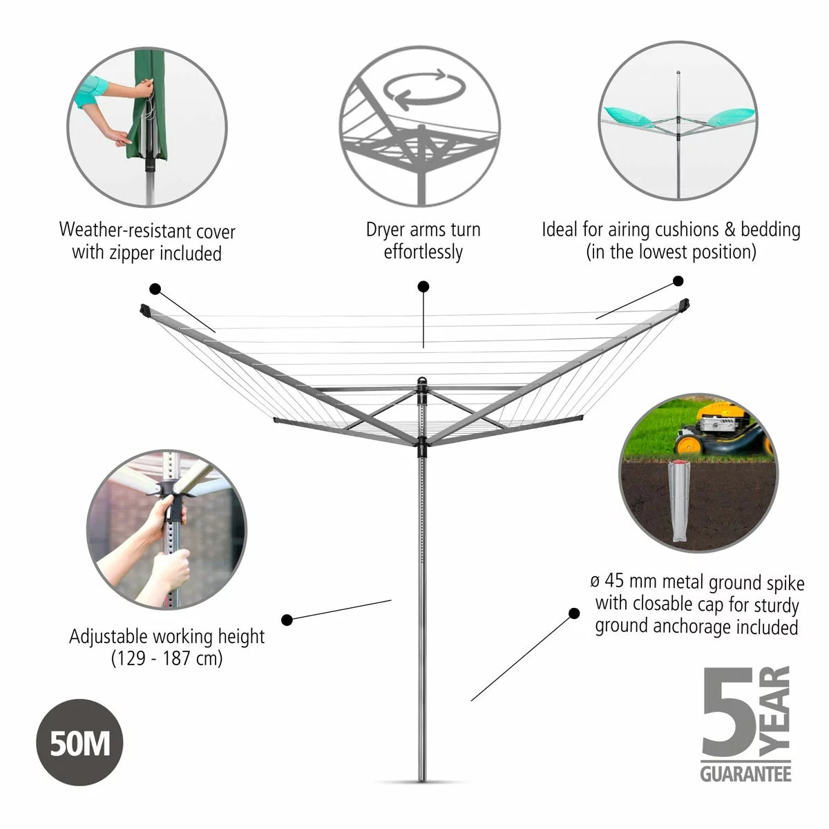 A Brabantia Lift-O-Matic 50m rotary airer standing in a well-maintained garden, featuring taut lines and a protective cover nearby on a clear, sunny day.