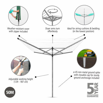 A Brabantia Lift-O-Matic 50m rotary airer standing in a well-maintained garden, featuring taut lines and a protective cover nearby on a clear, sunny day.