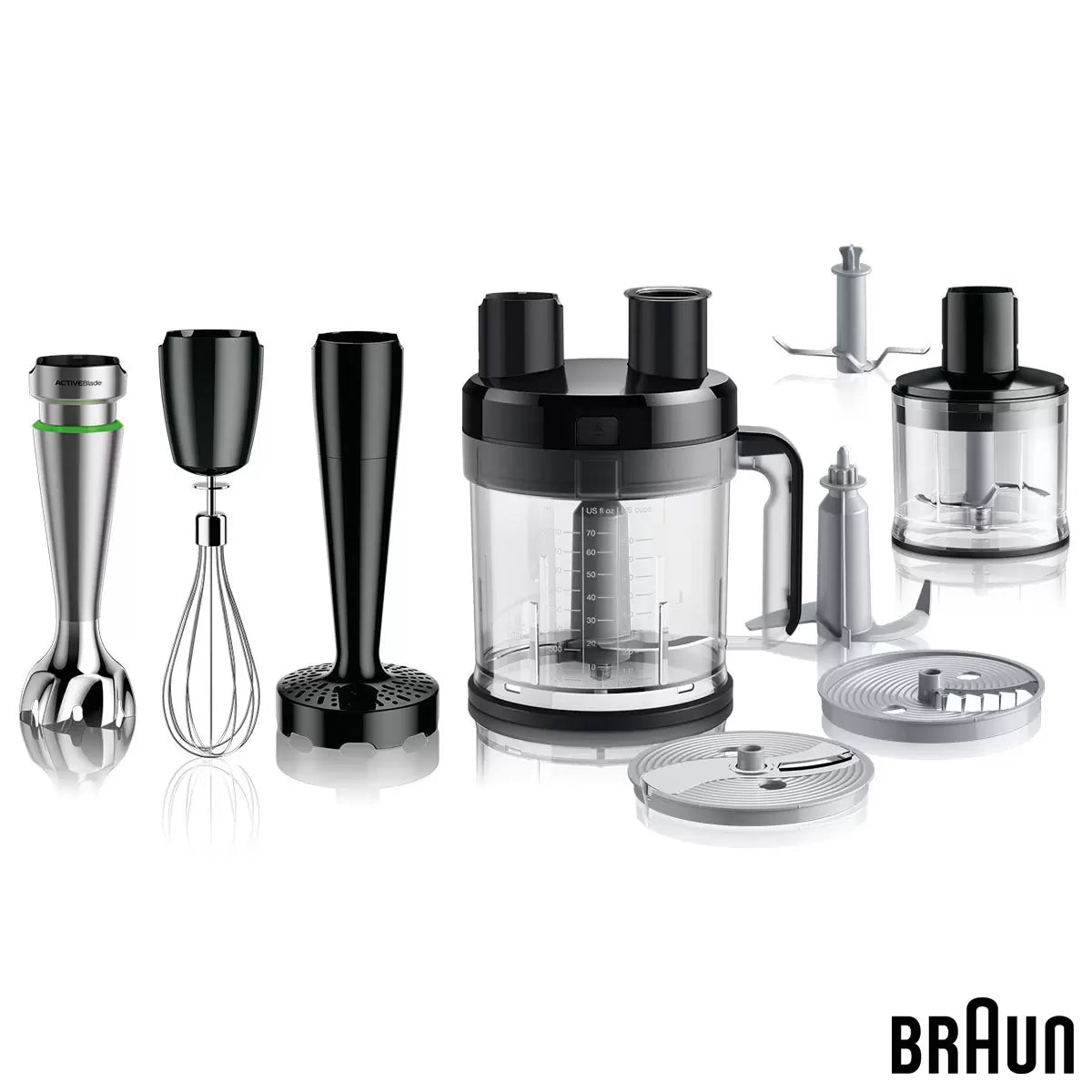The Braun MultiQuick 9 MQ9187XLI hand blender base shown with its full array of professional-grade attachments, including the 2L food processor and stainless steel whisk on a clean kitchen surface.