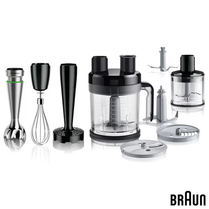 The Braun MultiQuick 9 MQ9187XLI hand blender base shown with its full array of professional-grade attachments, including the 2L food processor and stainless steel whisk on a clean kitchen surface.
