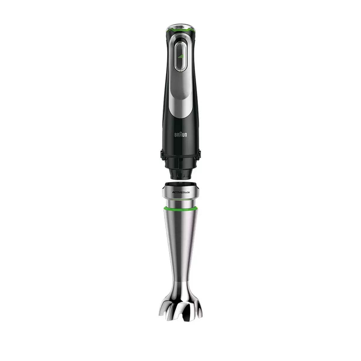 The Braun MultiQuick 9 MQ9187XLI hand blender base shown with its full array of professional-grade attachments, including the 2L food processor and stainless steel whisk on a clean kitchen surface.