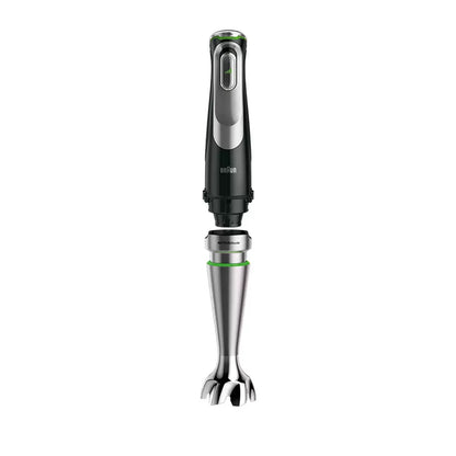 The Braun MultiQuick 9 MQ9187XLI hand blender base shown with its full array of professional-grade attachments, including the 2L food processor and stainless steel whisk on a clean kitchen surface.