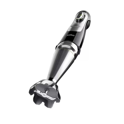 The Braun MultiQuick 9 MQ9187XLI hand blender base shown with its full array of professional-grade attachments, including the 2L food processor and stainless steel whisk on a clean kitchen surface.