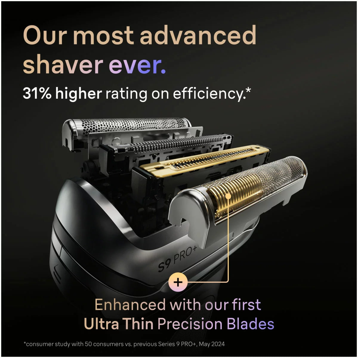 The Braun Series 9 Pro+ shaver in grey resting beside its sleek 6-in-1 SmartCare cleaning station and PowerCase on a modern bathroom surface.
