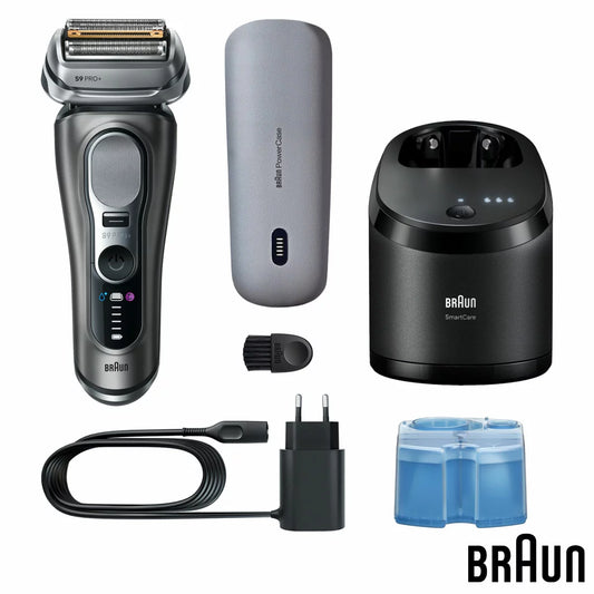The Braun Series 9 Pro+ shaver in grey resting beside its sleek 6-in-1 SmartCare cleaning station and PowerCase on a modern bathroom surface.