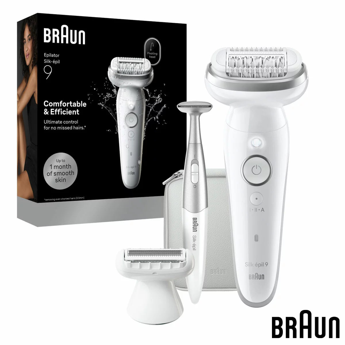 Achieve 1 month of smooth skin with the Braun Silk-épil 9. Wet & Dry use, 40 tweezers, and trimmer included. Order at Elite Store for dependable delivery.