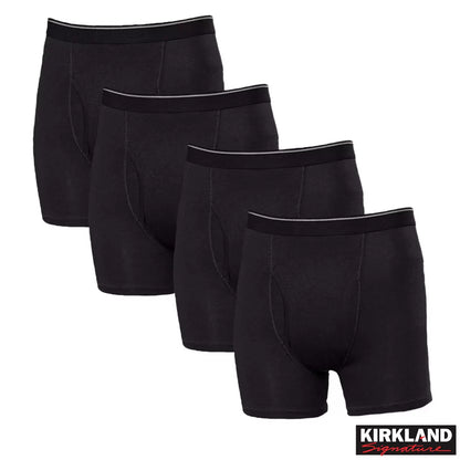 Close-up studio shot of four folded pairs of matte black Kirkland Signature cotton boxer briefs displaying the smooth, tagless elastic waistband on a clean neutral background.