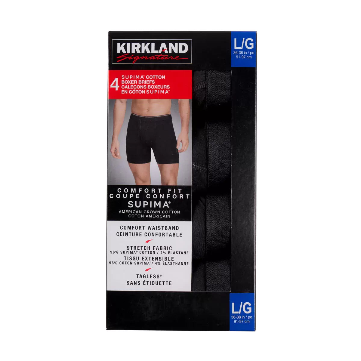 Close-up studio shot of four folded pairs of matte black Kirkland Signature cotton boxer briefs displaying the smooth, tagless elastic waistband on a clean neutral background.
