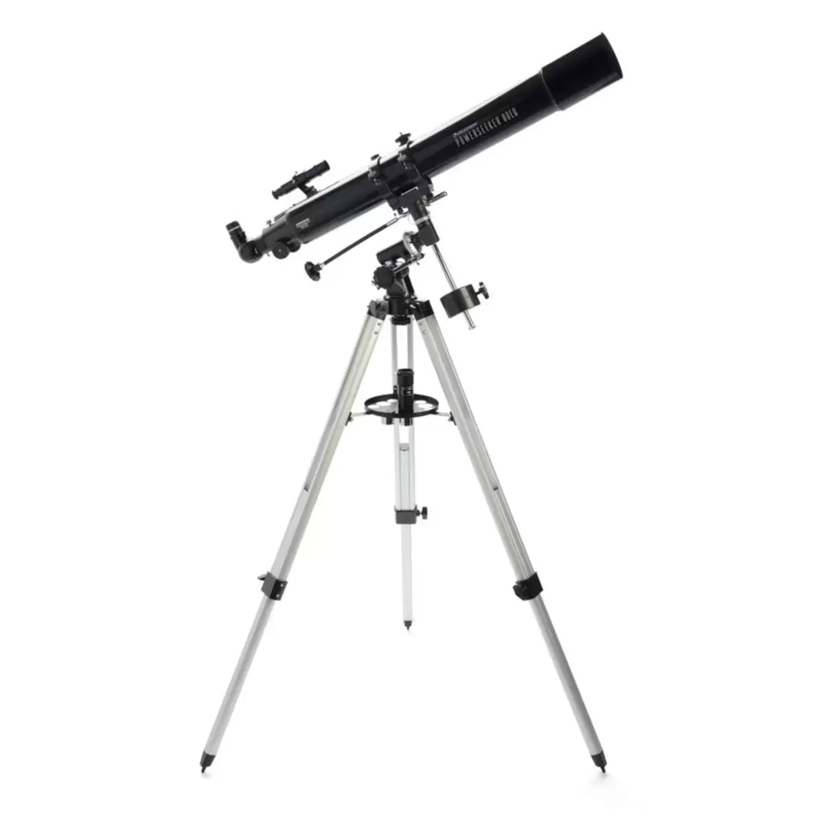 A white Bresser 900mm refractor telescope mounted on a sturdy aluminum tripod against a dark, starry night sky background.