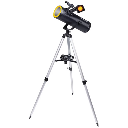 Three-quarter view of the Bresser Solarix 500mm telescope with its sleek carbon-fibre pattern finish, mounted on its aluminum tripod with a smartphone adapter fixed to the eyepiece on a clear evening deck.