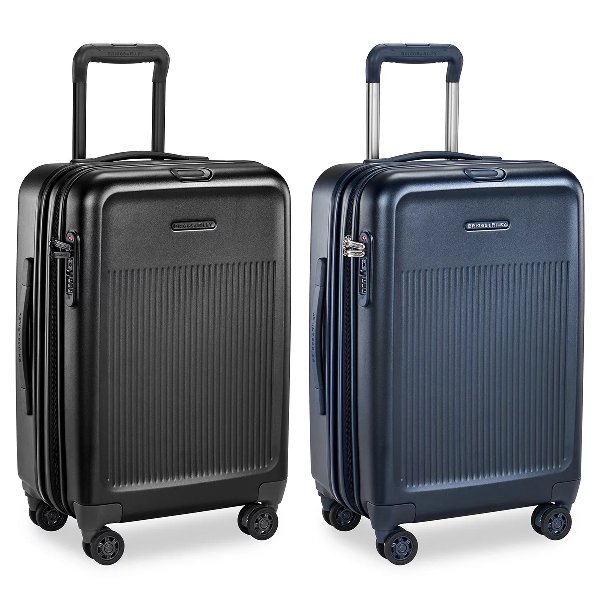 Front studio angle of the glossy Briggs & Riley Sympatico Domestic Carry-On Expandable Spinner Case showing the telescoping aluminium handle, TSA lock, and dual spinner wheels.