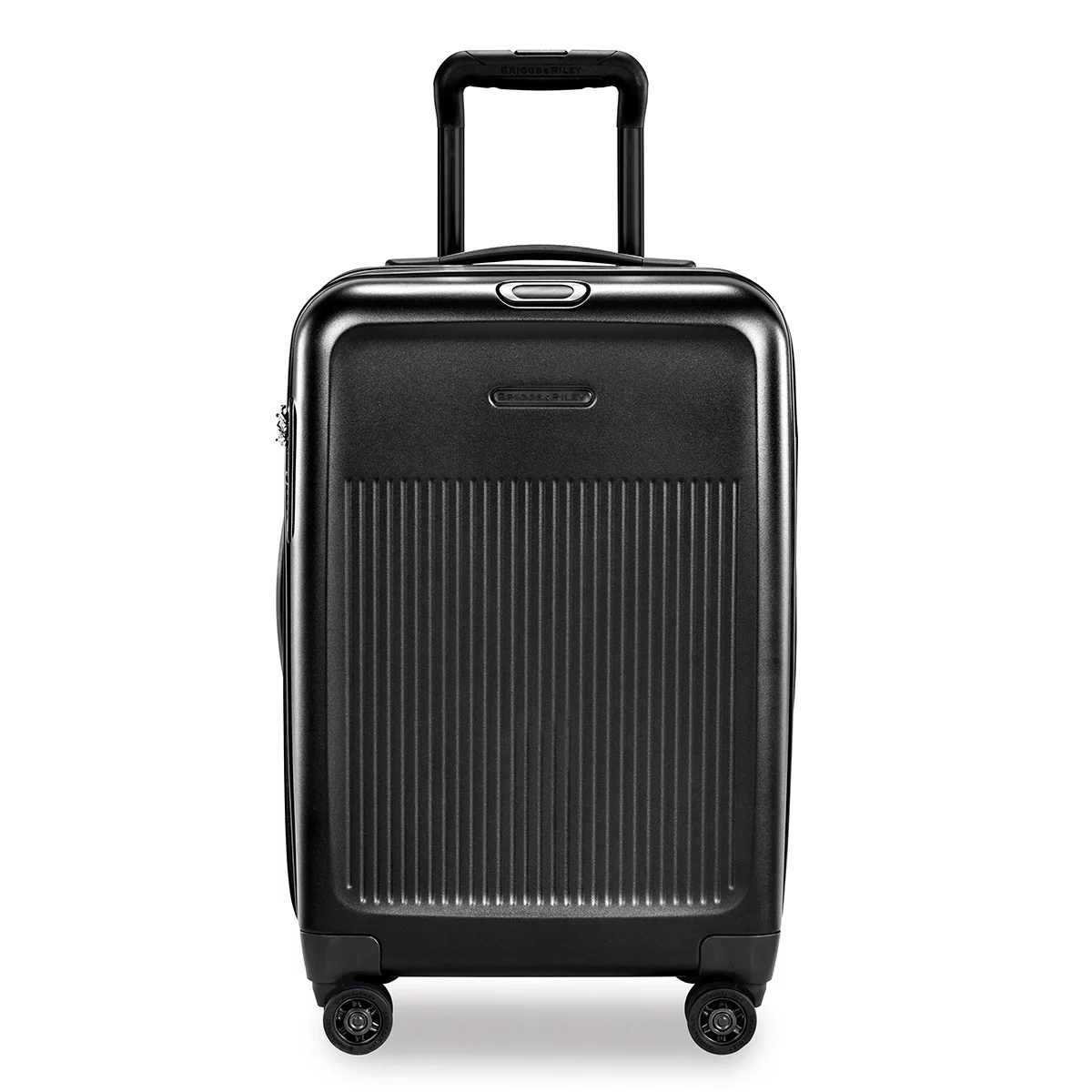 Front studio angle of the glossy Briggs & Riley Sympatico Domestic Carry-On Expandable Spinner Case showing the telescoping aluminium handle, TSA lock, and dual spinner wheels.
