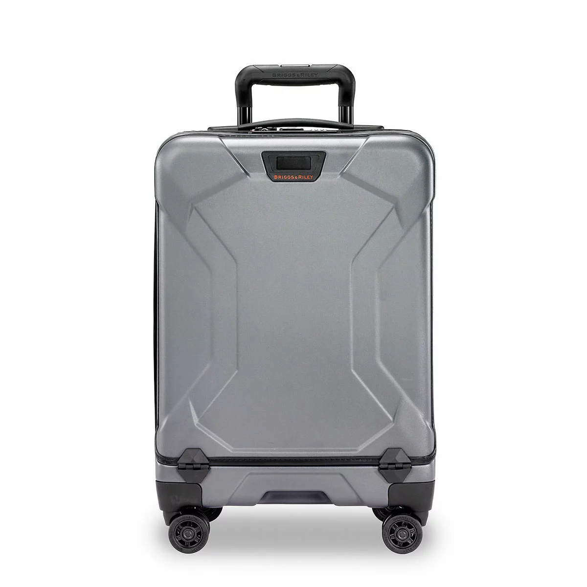 Sleek graphite grey Briggs & Riley Torq 53cm carry-on spinner suitcase showing its open hinged front pocket with a laptop inserted inside.