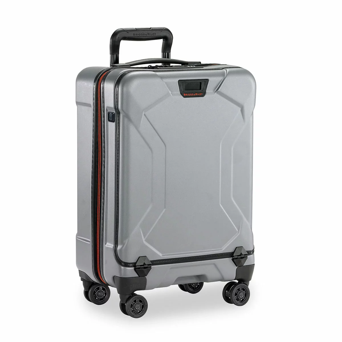 Sleek graphite grey Briggs & Riley Torq 53cm carry-on spinner suitcase showing its open hinged front pocket with a laptop inserted inside.
